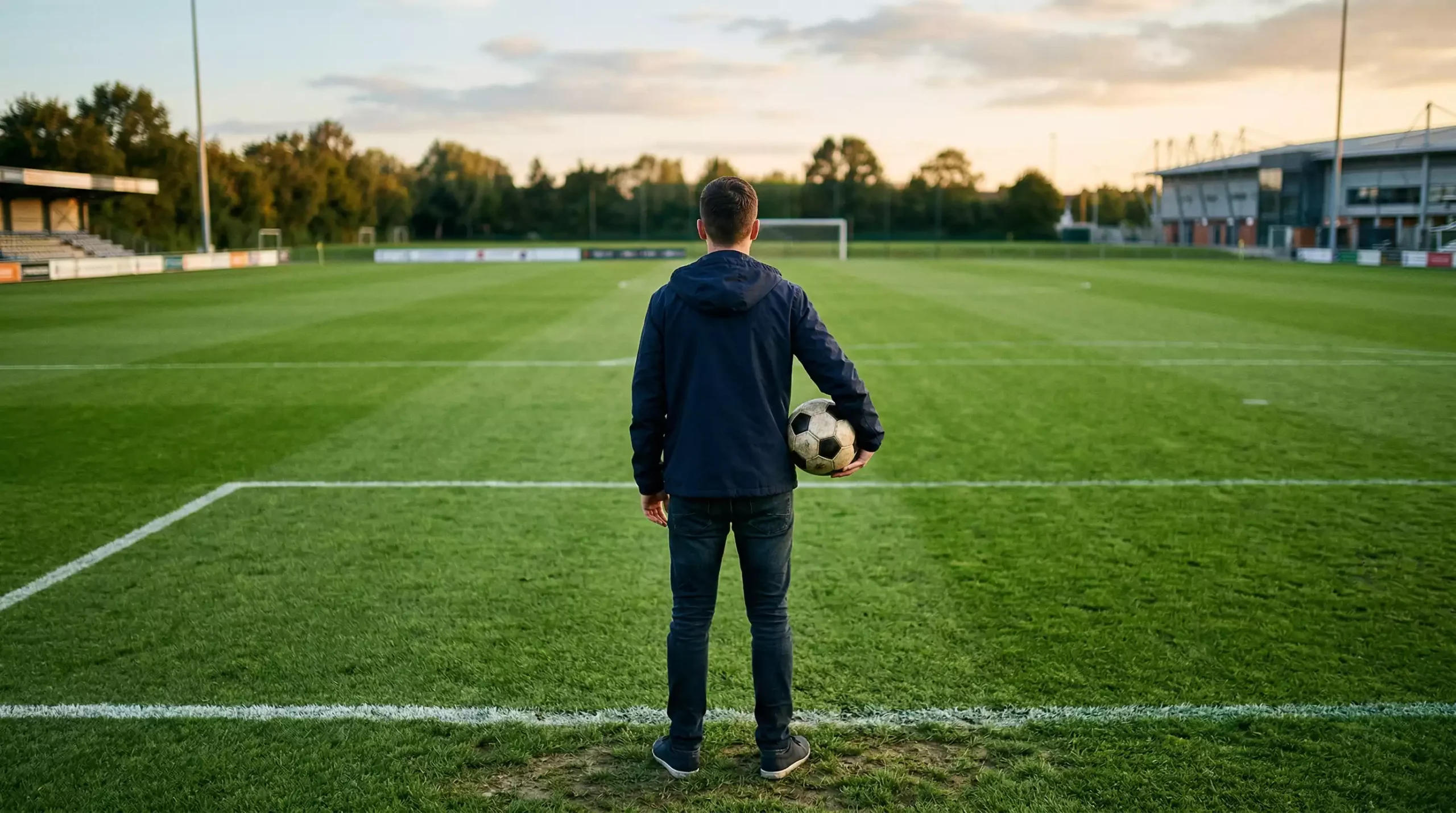 Fußball Wetten für Anfänger – Person hält einen Fußball und schaut auf ein Spielfeld