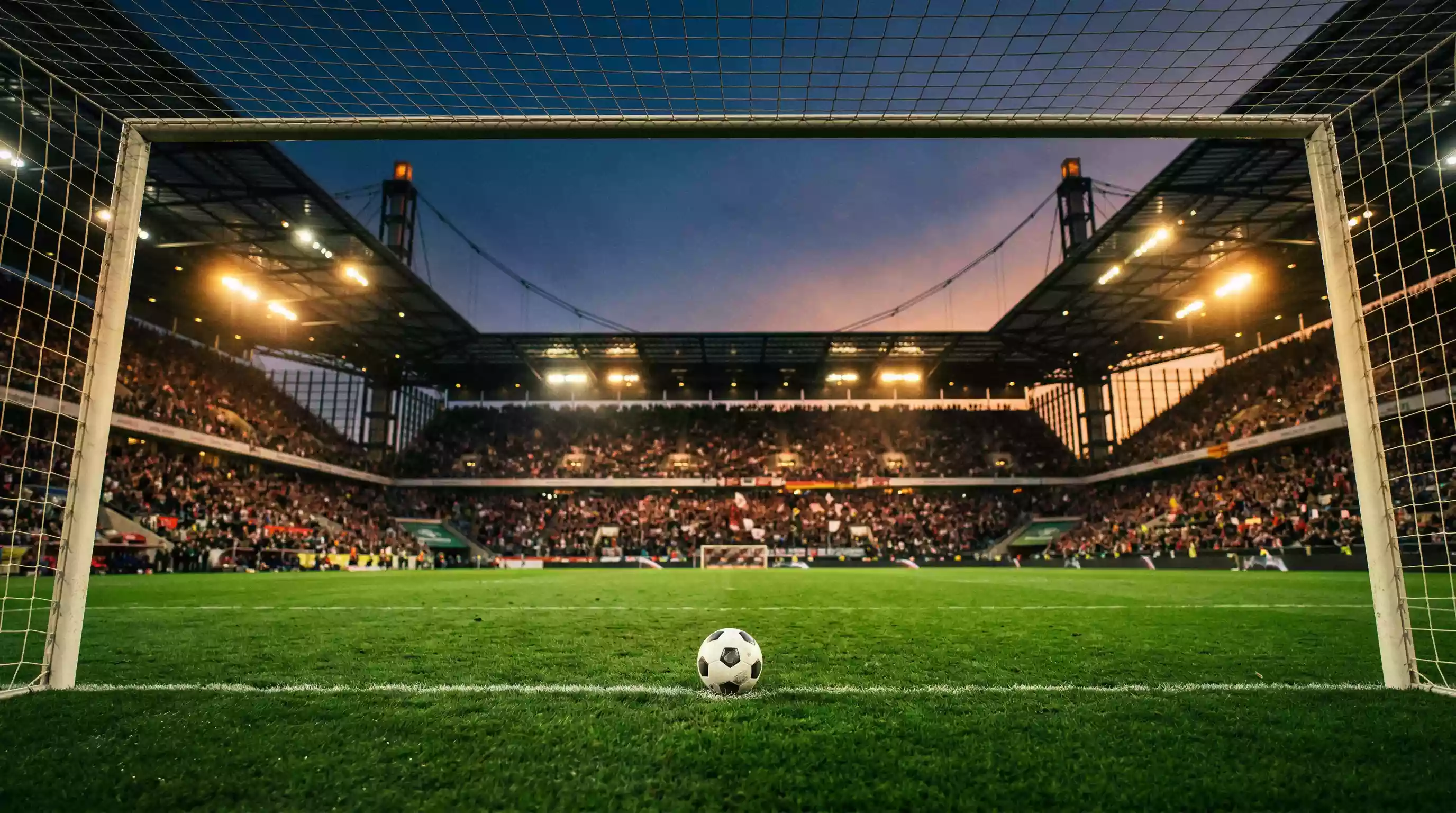 Fußball Wetten News: Abendstimmung in einem deutschen Fußballstadion mit beleuchtetem Rasen