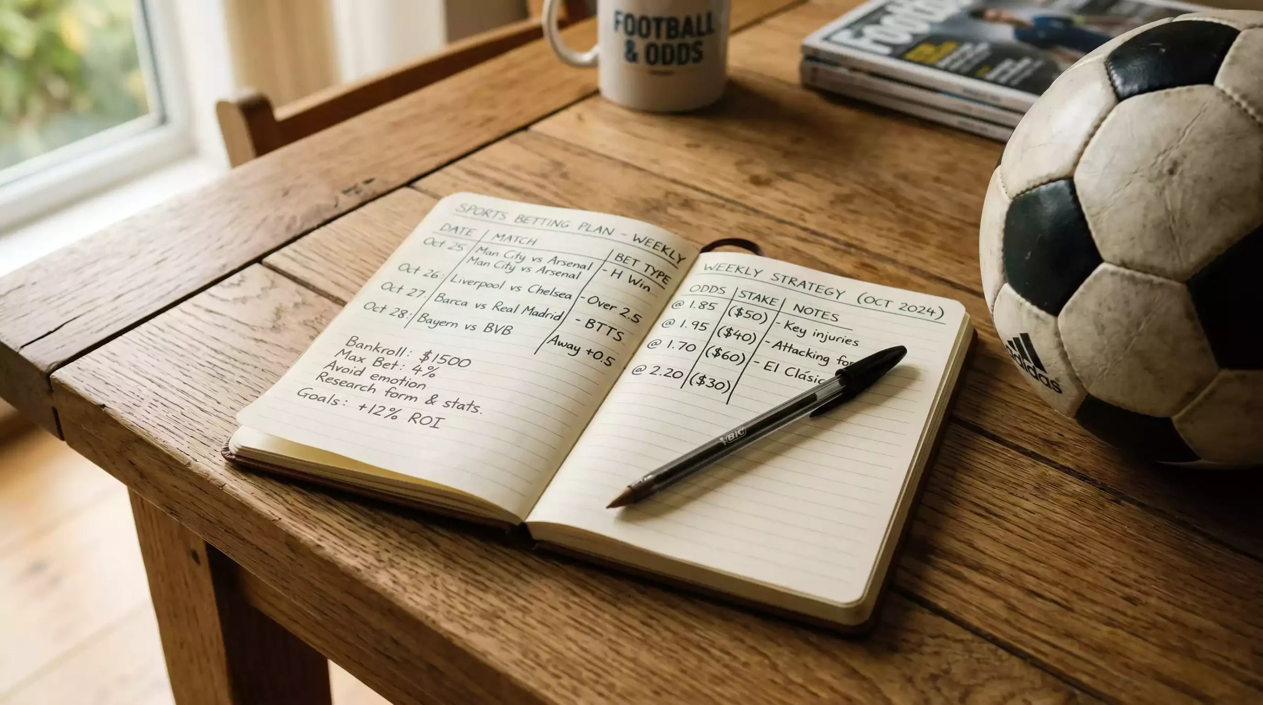 Fußball Wetten Strategie – Notizbuch mit Einsatzplanung neben einem Fußball auf dem Schreibtisch
