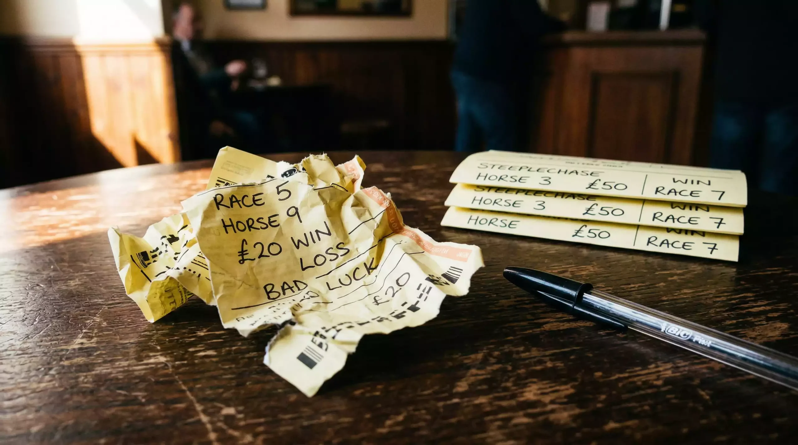 Häufige Wettfehler – zerknüllter Wettschein auf einem Tisch neben einem Stift