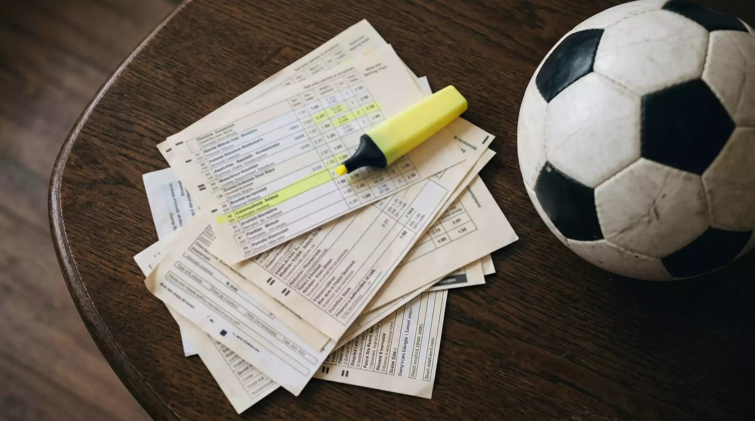Kombiwetten Tipps – mehrere gestapelte Wettscheine auf einem Tisch neben einem Fußball
