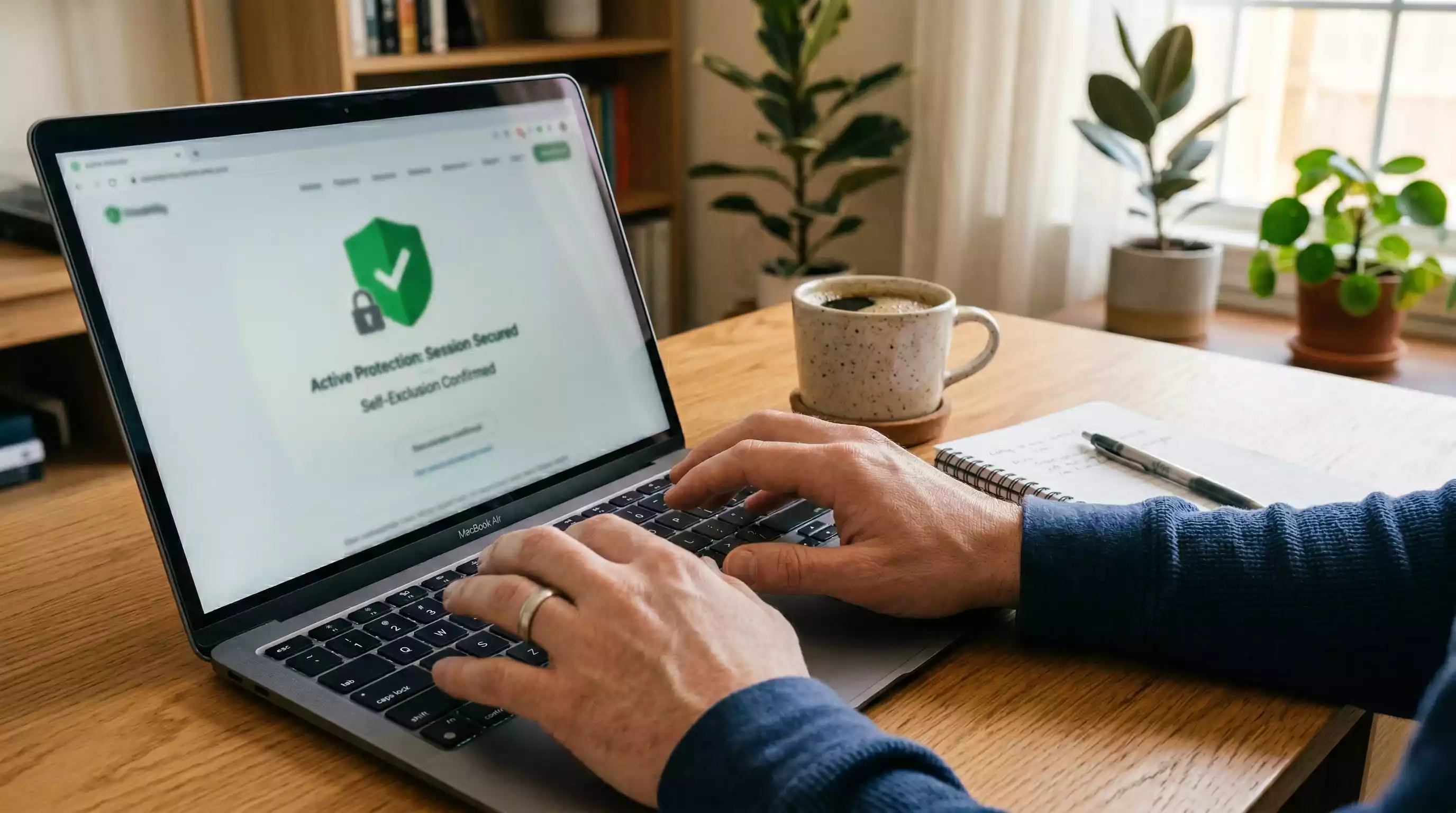 Spielerschutz in Deutschland: Symbolbild für verantwortungsvolles Spielen mit Sperre-Hinweis auf Laptop-Bildschirm