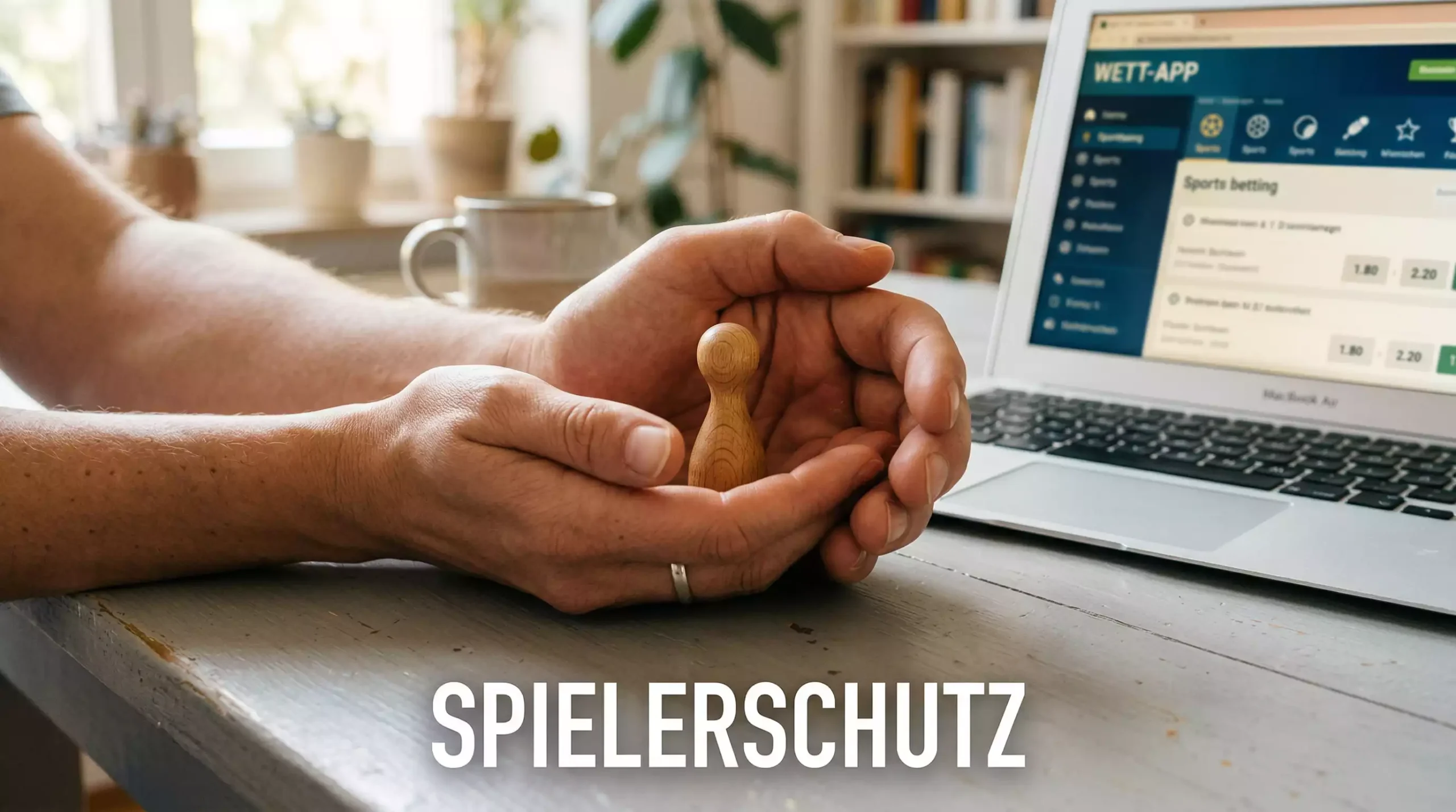 Spielerschutz bei Sportwetten — Hand hält schützend über eine symbolische Spielfigur vor einem Laptop