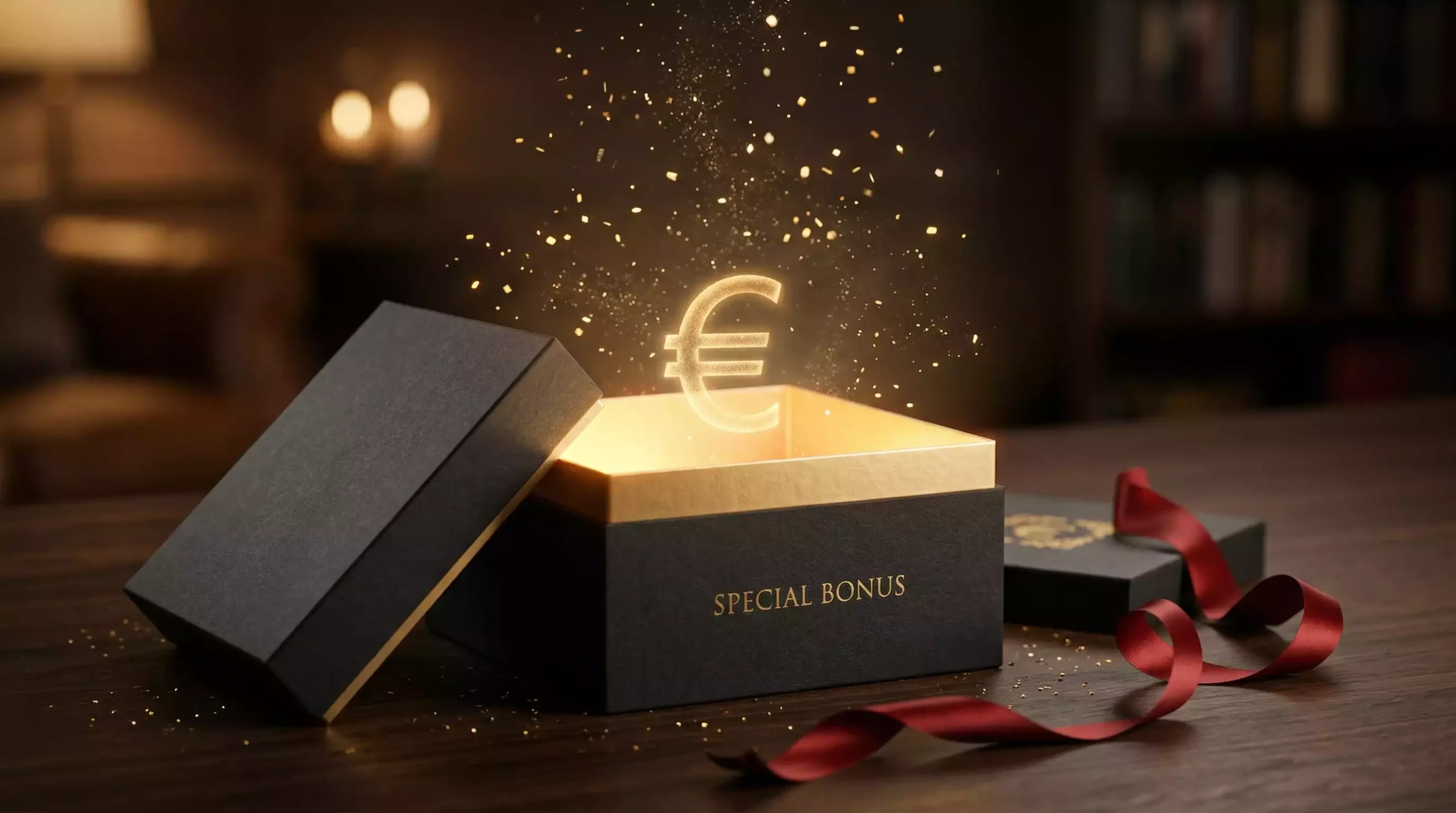 Tipico Bonus – geöffnete Geschenkbox mit goldenem Licht und einem symbolischen €-Zeichen