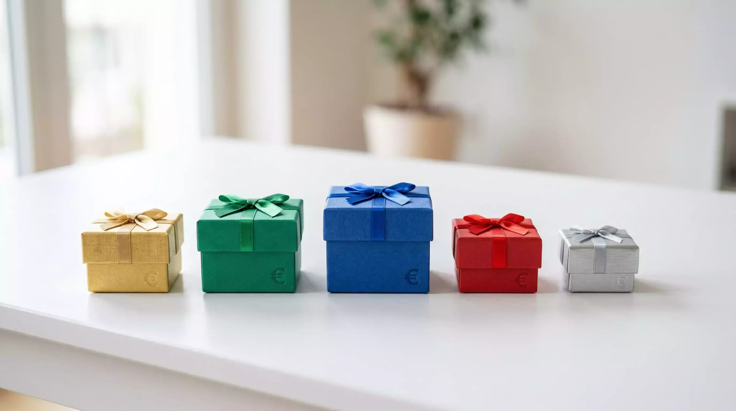 Wettbonus Vergleich – mehrere farbige Geschenkboxen in einer Reihe auf einem Tisch