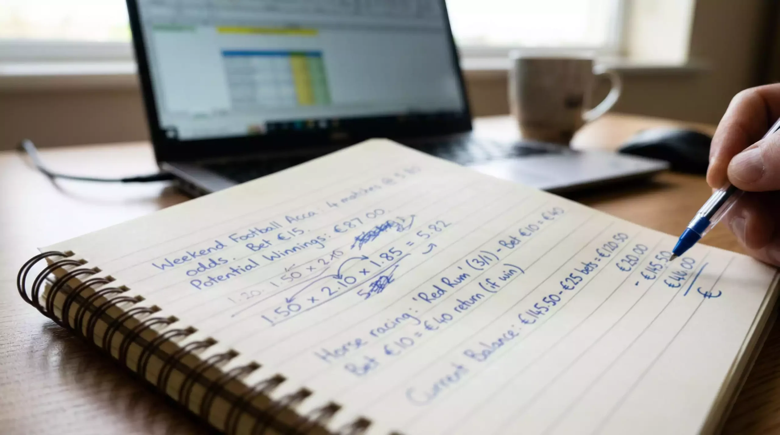 Wettrechner Online – Person schreibt Berechnungen in einen Notizblock neben einem Laptop