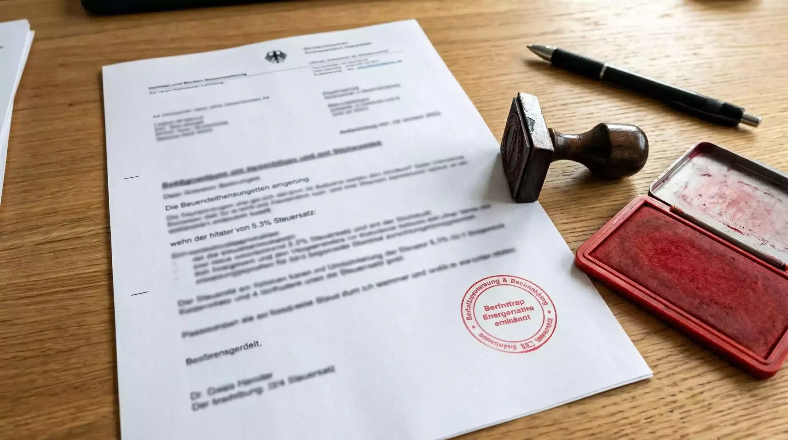 Wettsteuer 5,3 % Deutschland – offizielles Steuerdokument mit Stempel auf einem Schreibtisch
