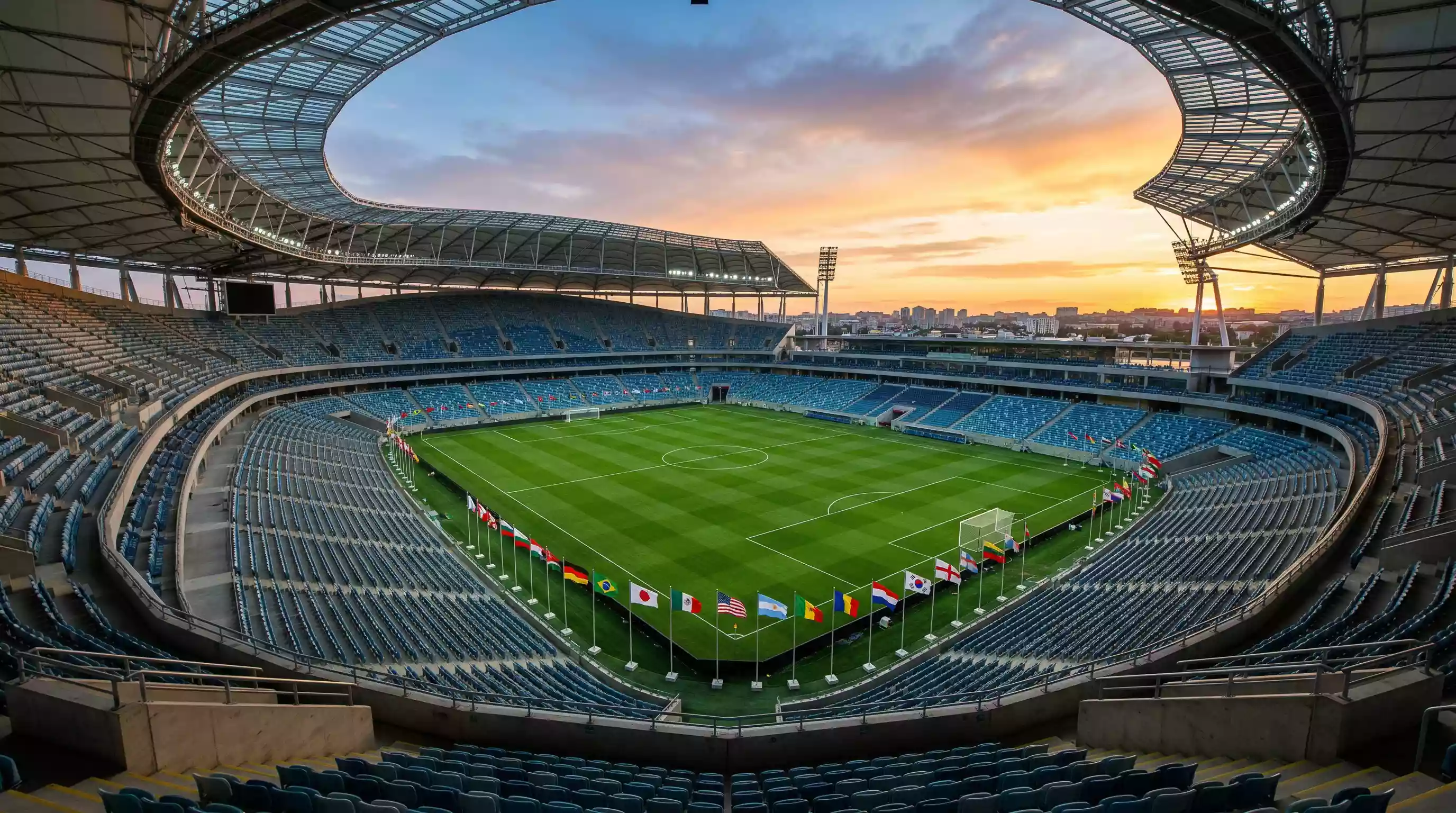 WM 2026 Vorschau: Fußball auf internationalem Rasen mit Flaggen der teilnehmenden Nationen