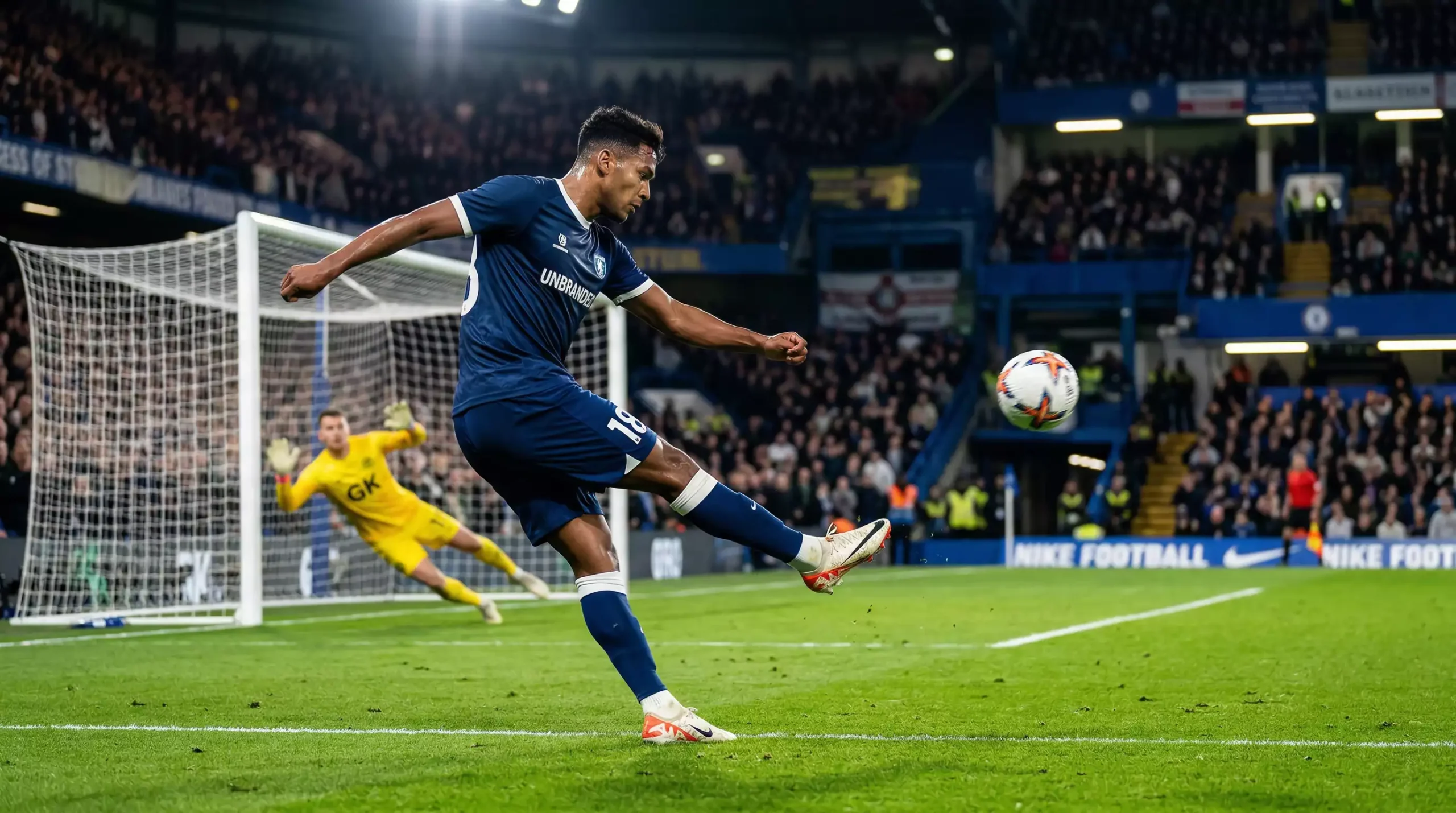 xG Statistik Fußball – Spieler schießt aufs Tor auf einem grünen Rasen bei Flutlicht